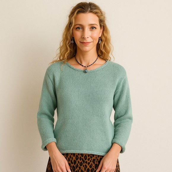 CHARTER CLUB Pastel Teal Rolled Hem Vintage Sweater Medium Soft Knit 90s Style - Picture 1 of 11